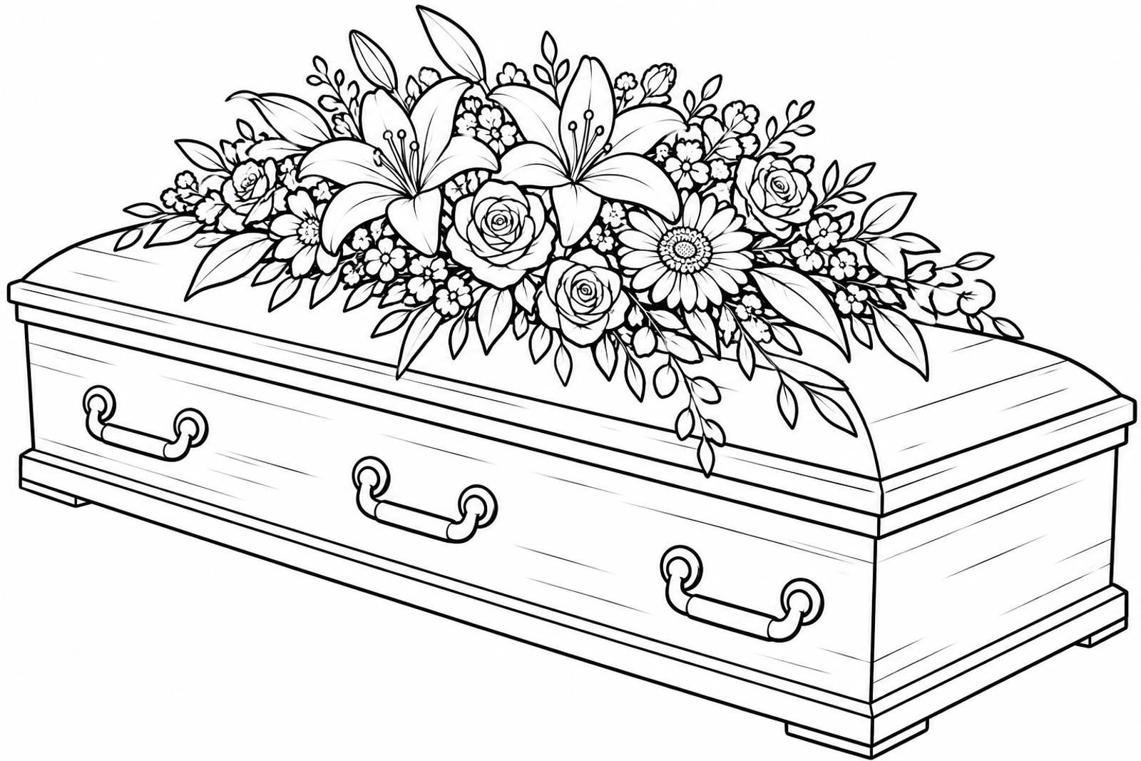 Kleurplaat van een kist met drie grepen en een groot bloemstuk met lelies, rozen en een gerbera