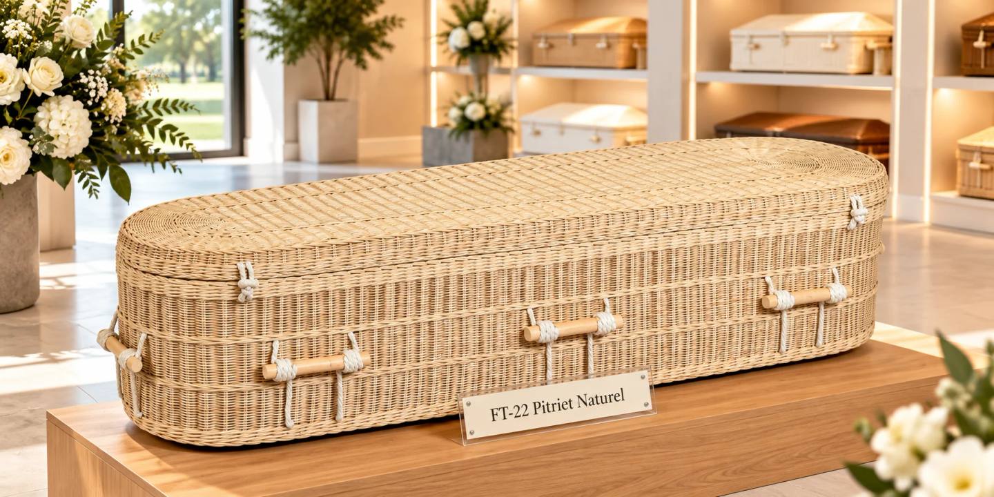 Een uitvaartmand van gevlochten pitriet in naturel, ovaal, met houten staafgrepen aan wit touw