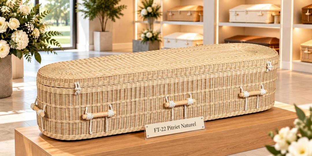 Een uitvaartmand van gevlochten pitriet in naturel, ovaal, met houten staafgrepen aan wit touw