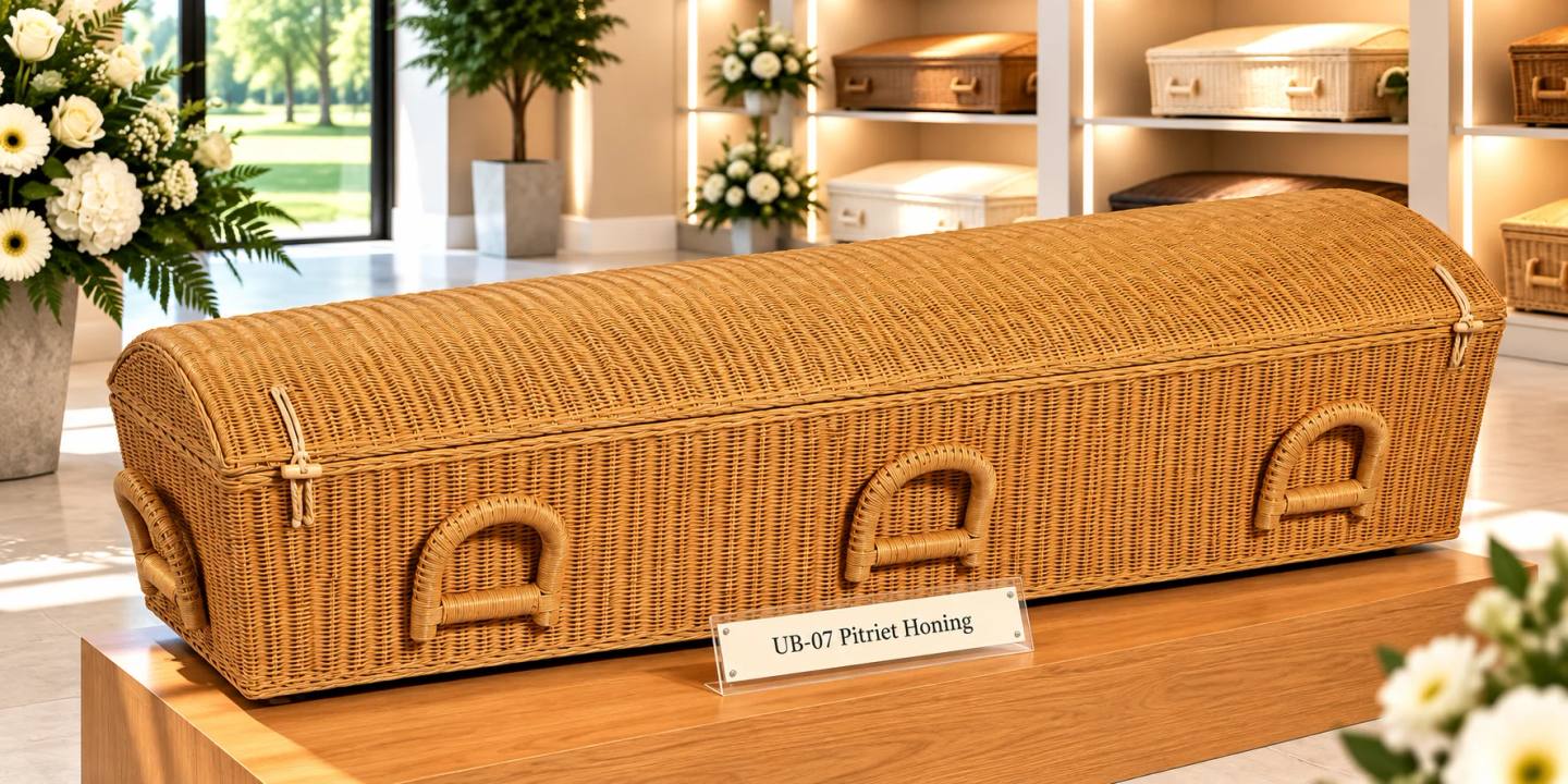 Een uitvaartmand van gevlochten pitriet in honingkleur, rechthoekig, met gevlochten beugelgrepen