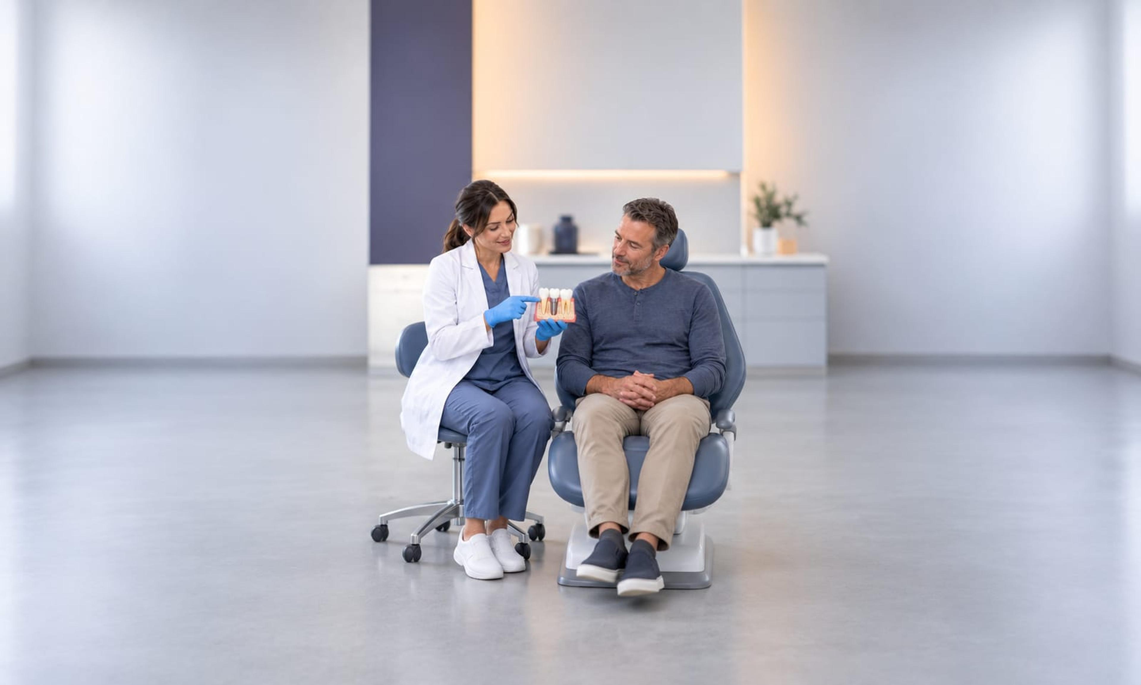 A dentist showing a patient a model of a dental implant