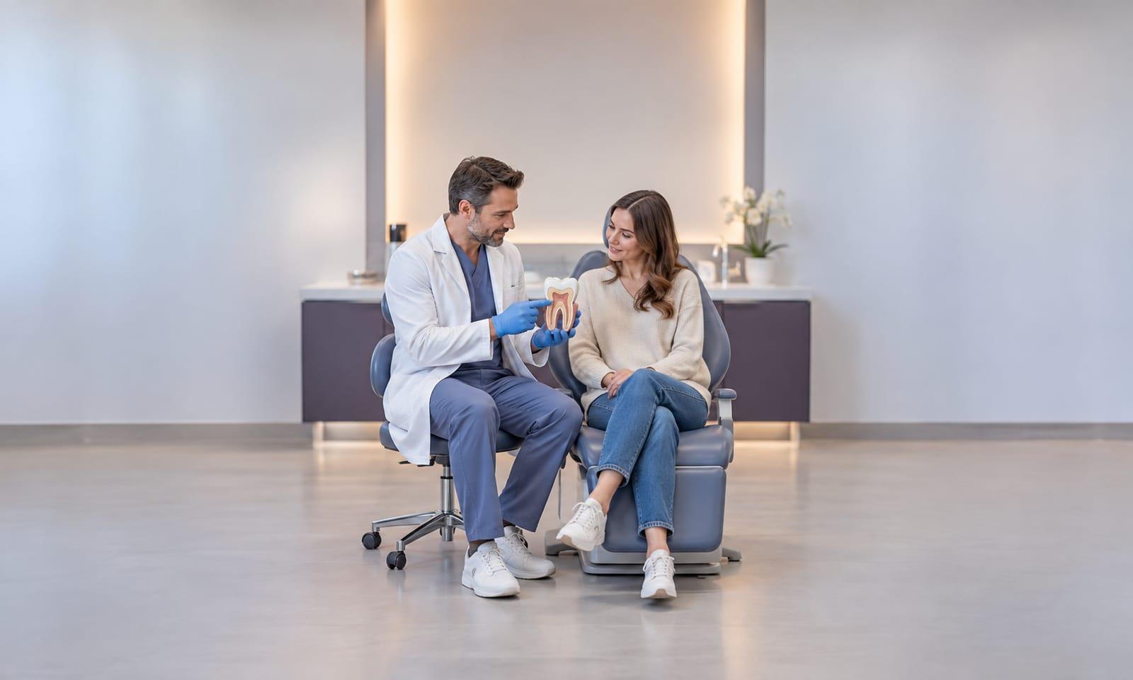 A dentist showing a patient a large model of a tooth and its root