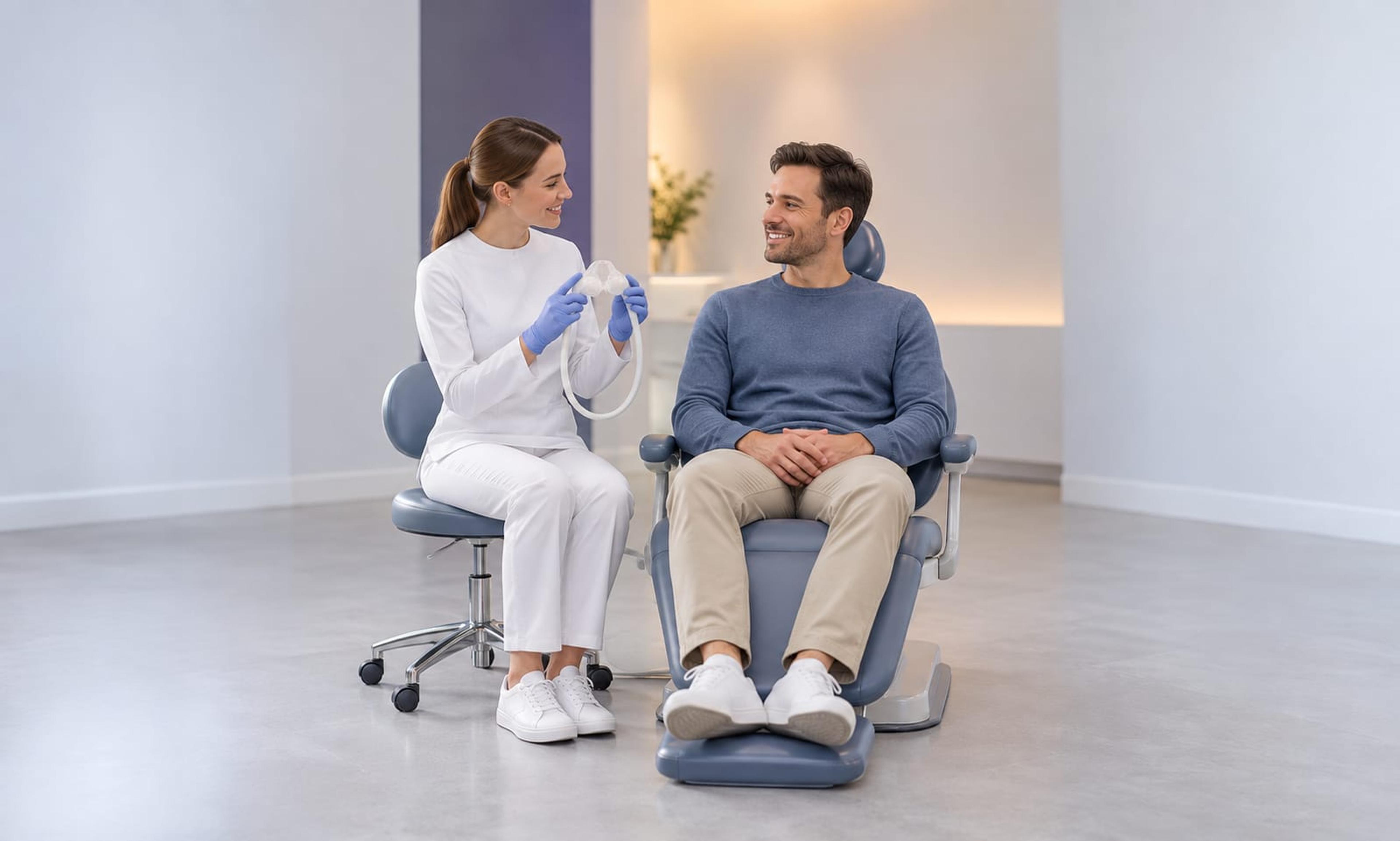 A clinician explaining sedation to a relaxed patient in the dental chair