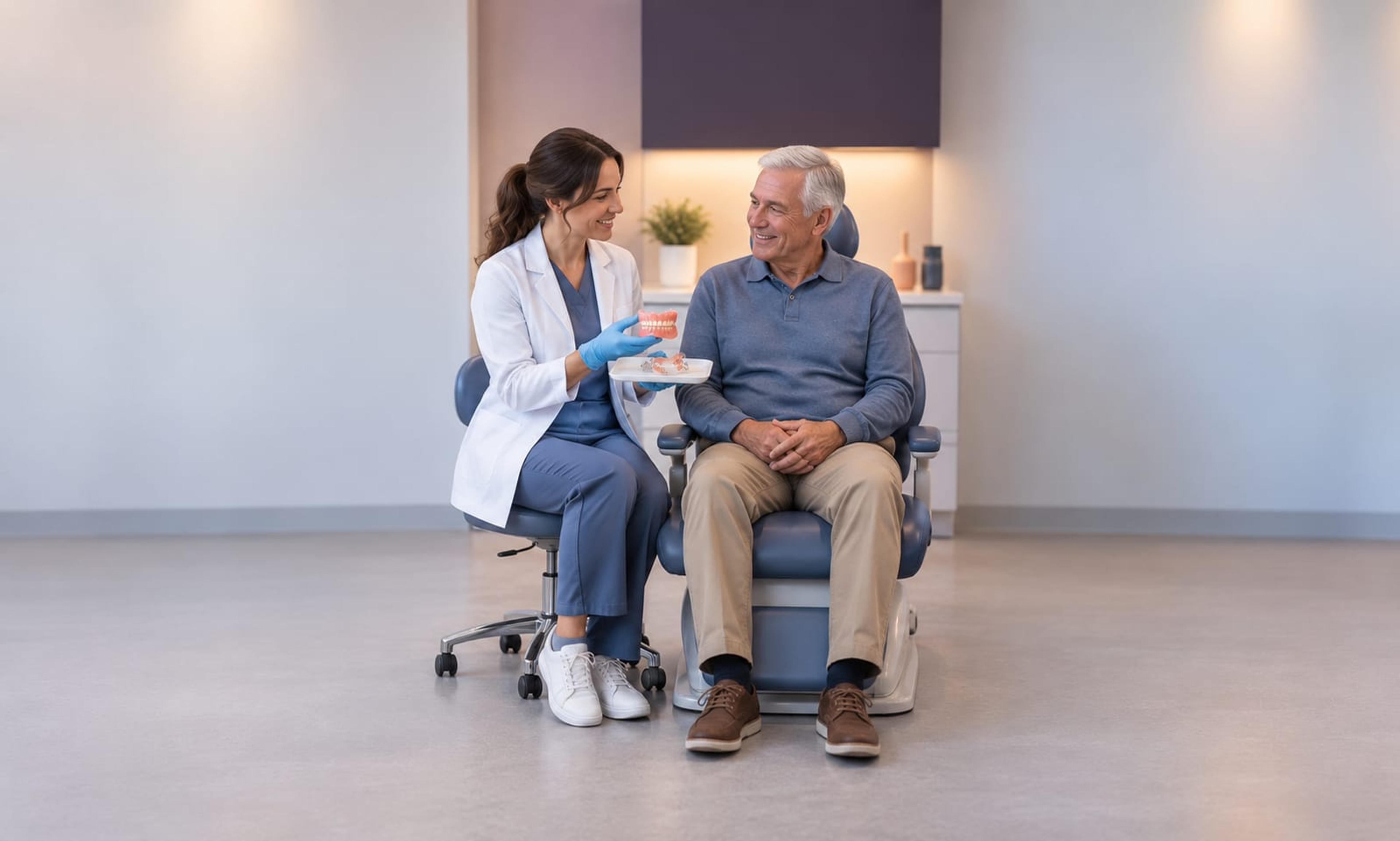 A dentist showing an older patient a set of dentures