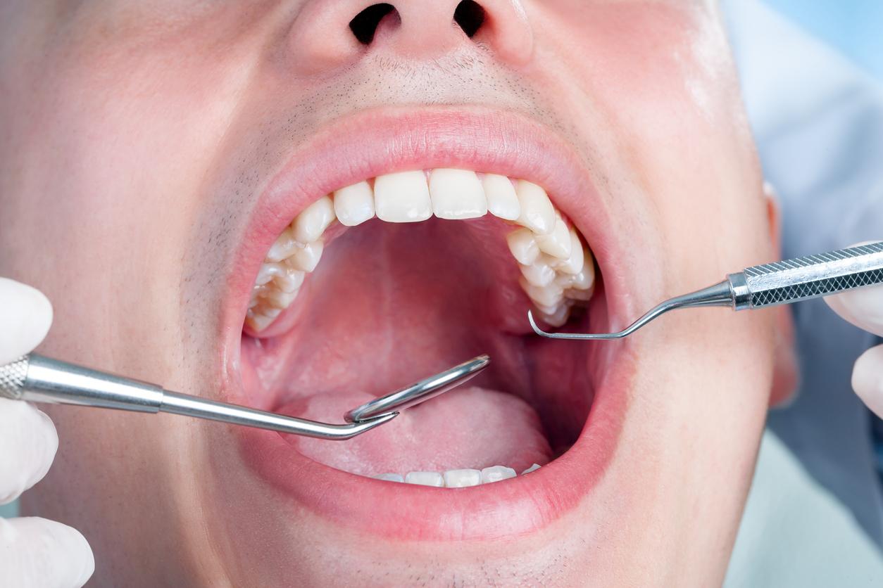 Dentist examining a patient's gums