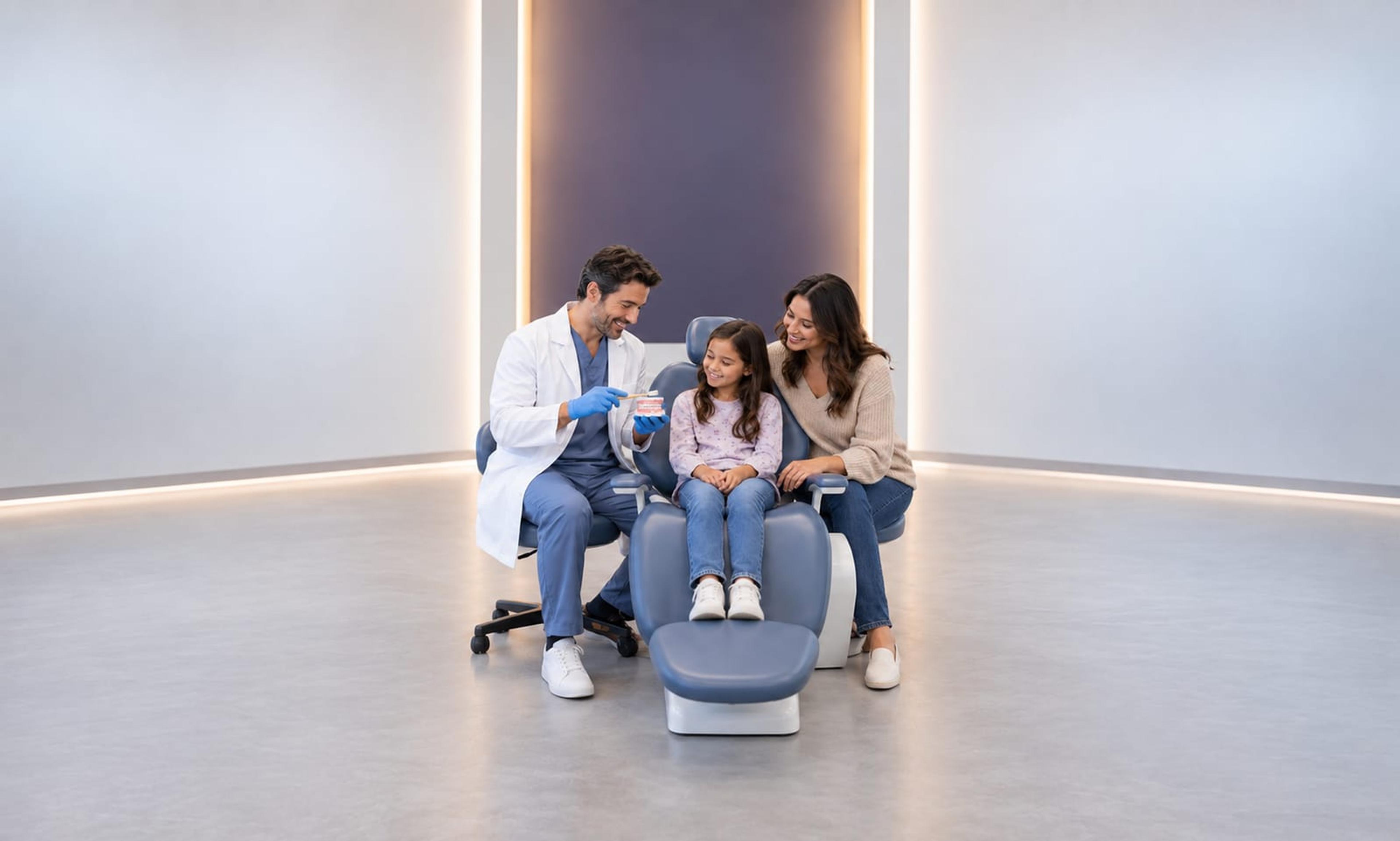 A dentist showing a young girl a model of teeth while her mother sits beside her