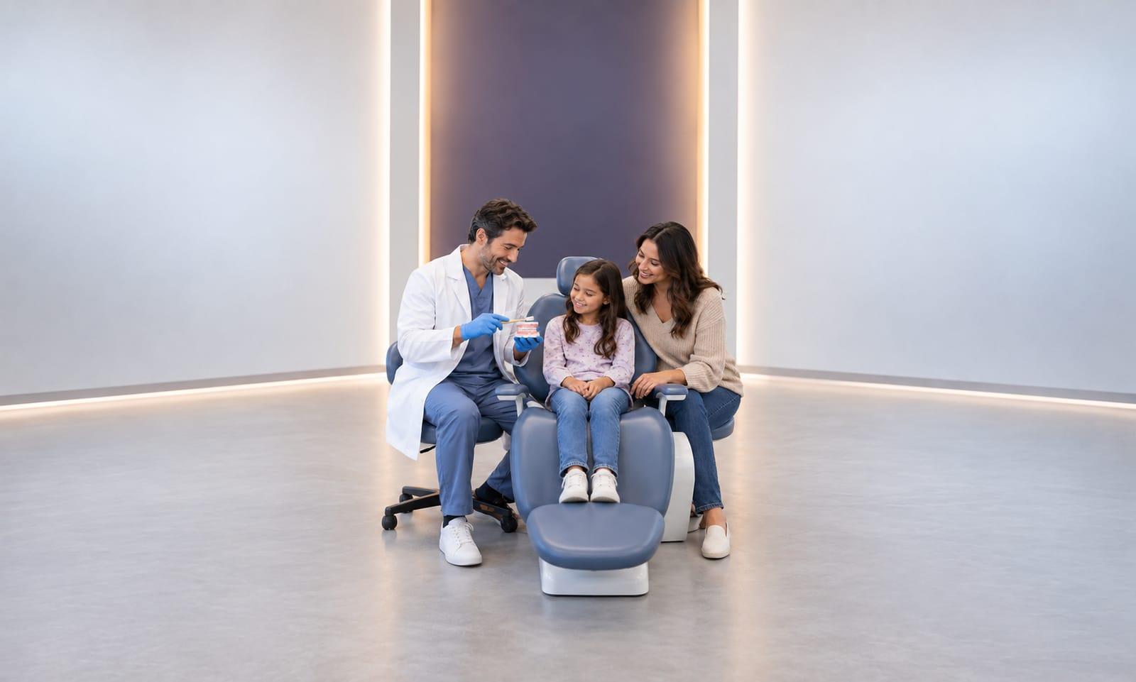 A dentist showing a young girl a model of teeth while her mother sits beside her