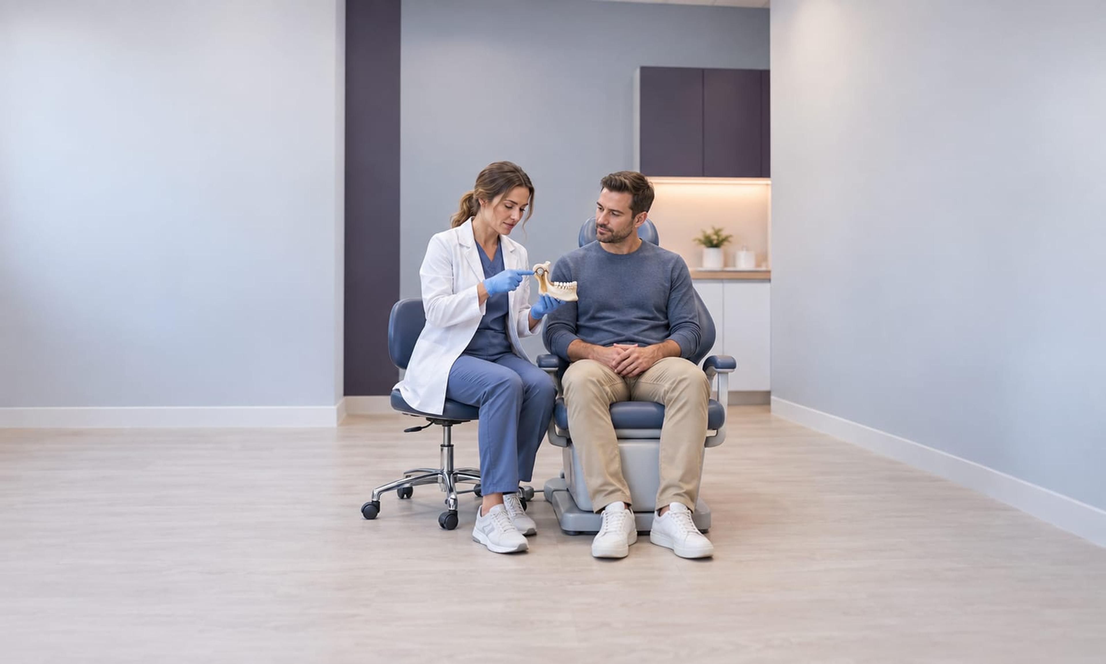 A dentist using a jaw model to explain jaw joint pain to a patient