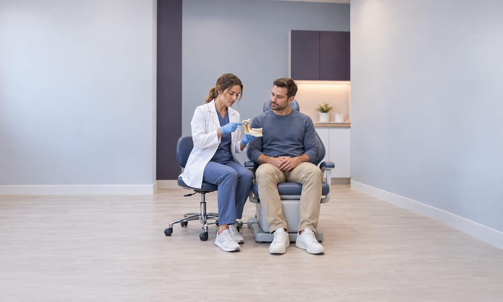 A dentist using a jaw model to explain jaw joint pain to a patient