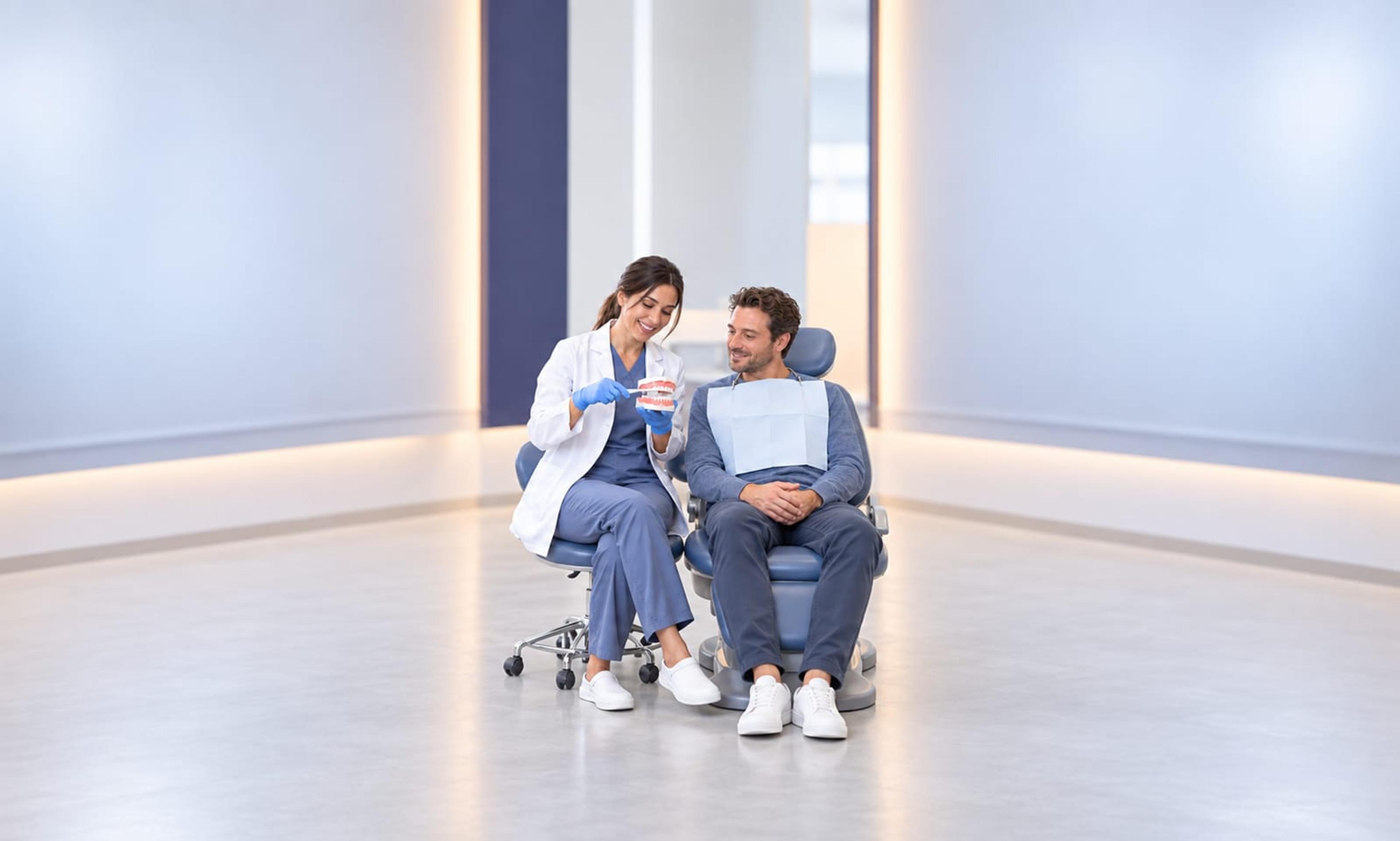 A dentist chatting with a smiling patient before a check-up and cleaning