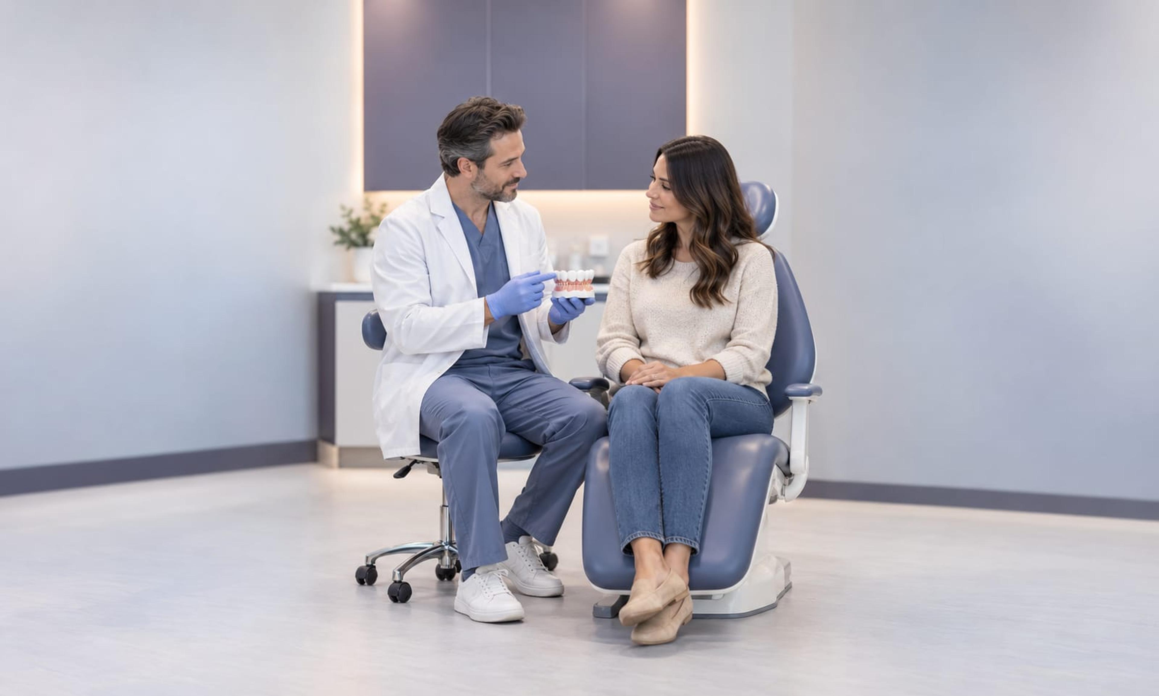A dentist reassuring a patient in the dental chair with a model of teeth