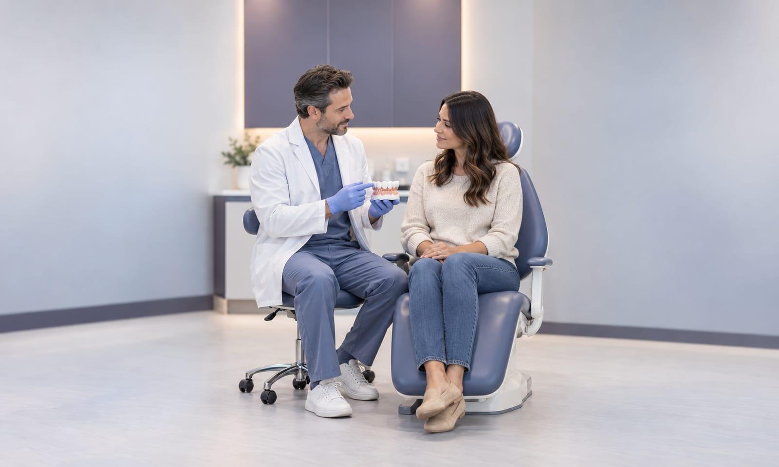 A dentist reassuring a patient in the dental chair with a model of teeth