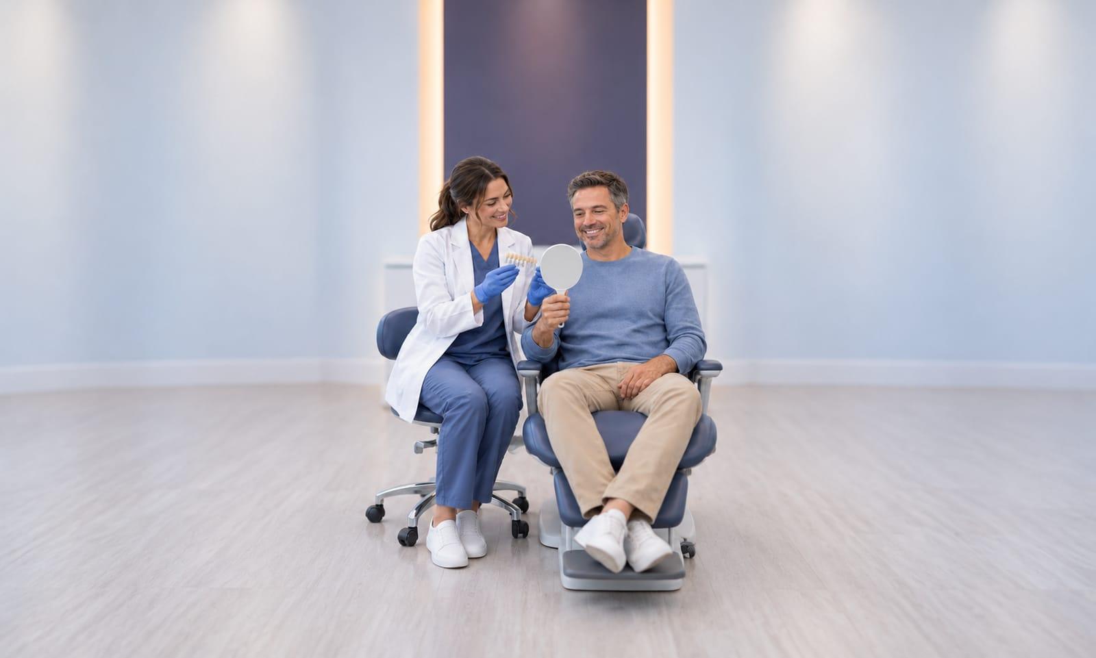 A dentist holding up a mirror so a smiling patient can see his teeth