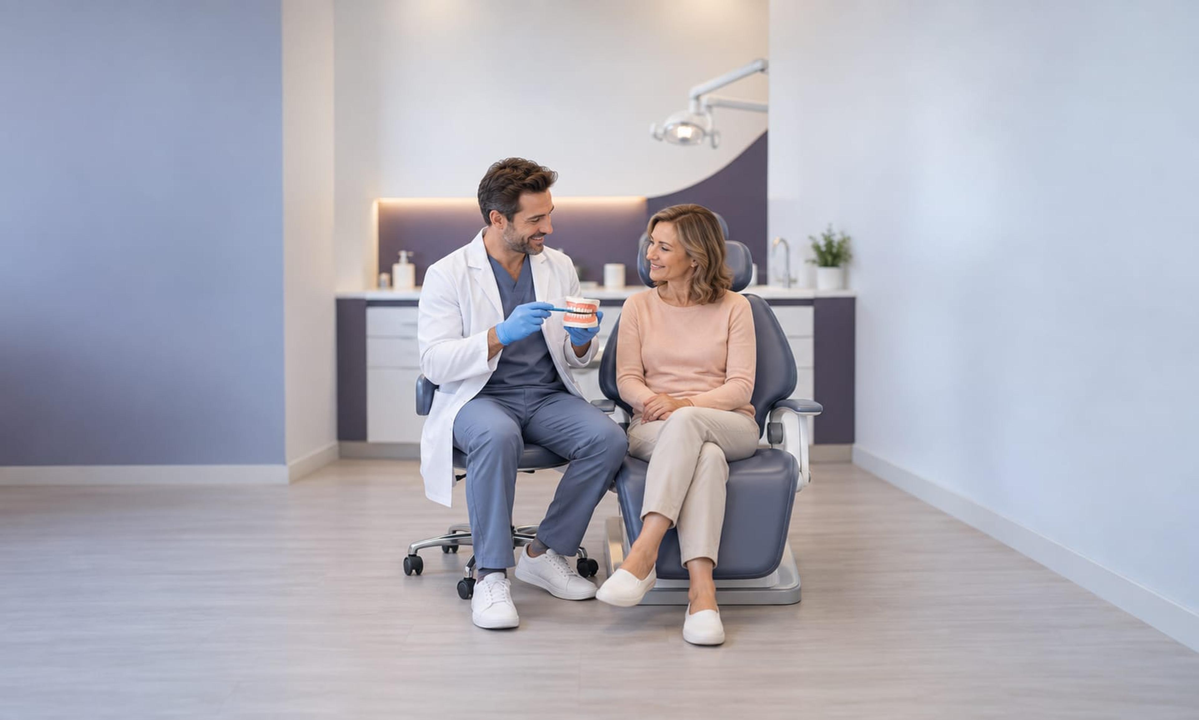 A dentist showing a patient a model of teeth and gums