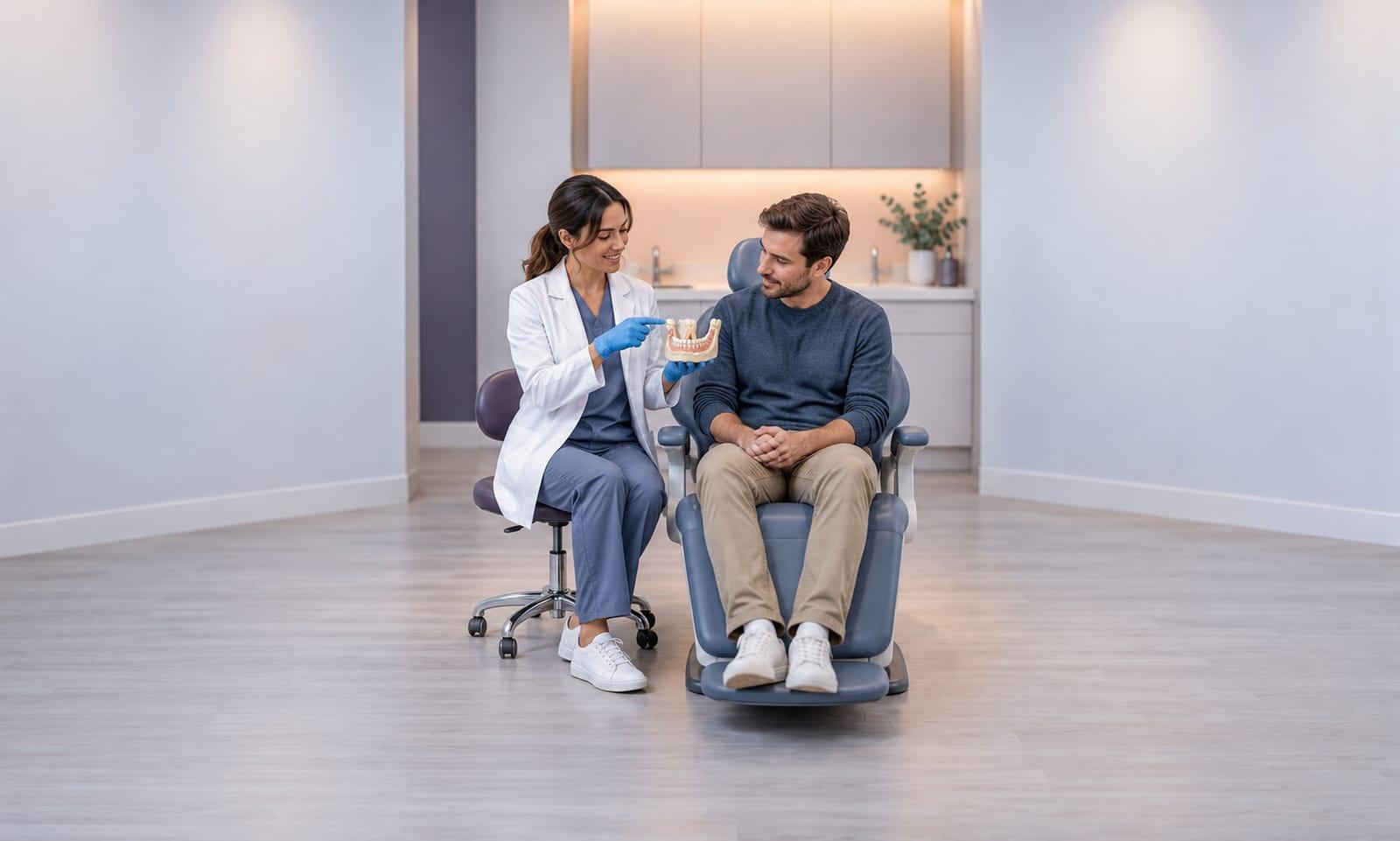 A dentist using a jaw model to explain wisdom teeth to a patient