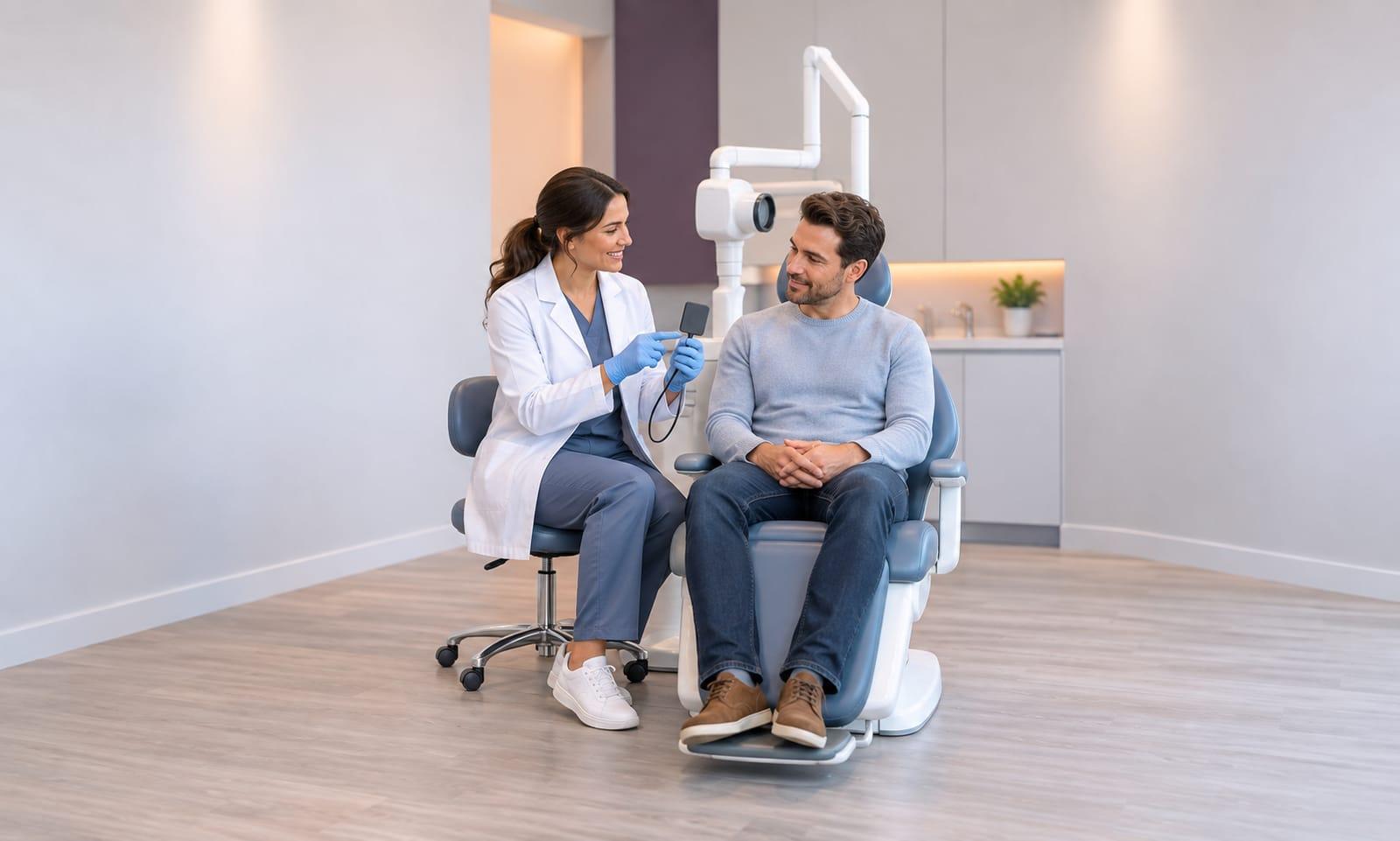 A dentist holding a digital x-ray sensor beside a patient in the dental chair