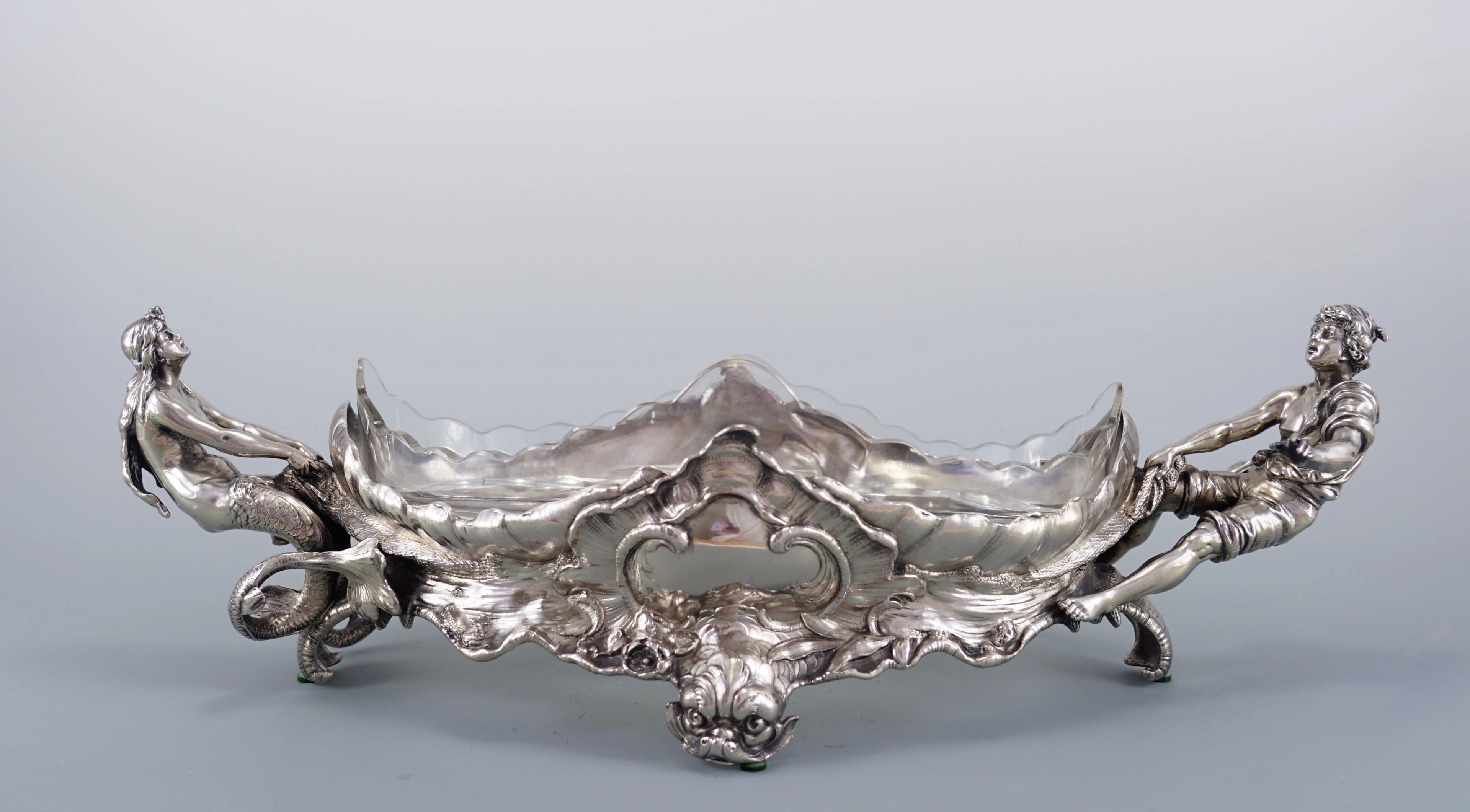 Antique silver Art Nouveau figural centerpiece with crystal liner