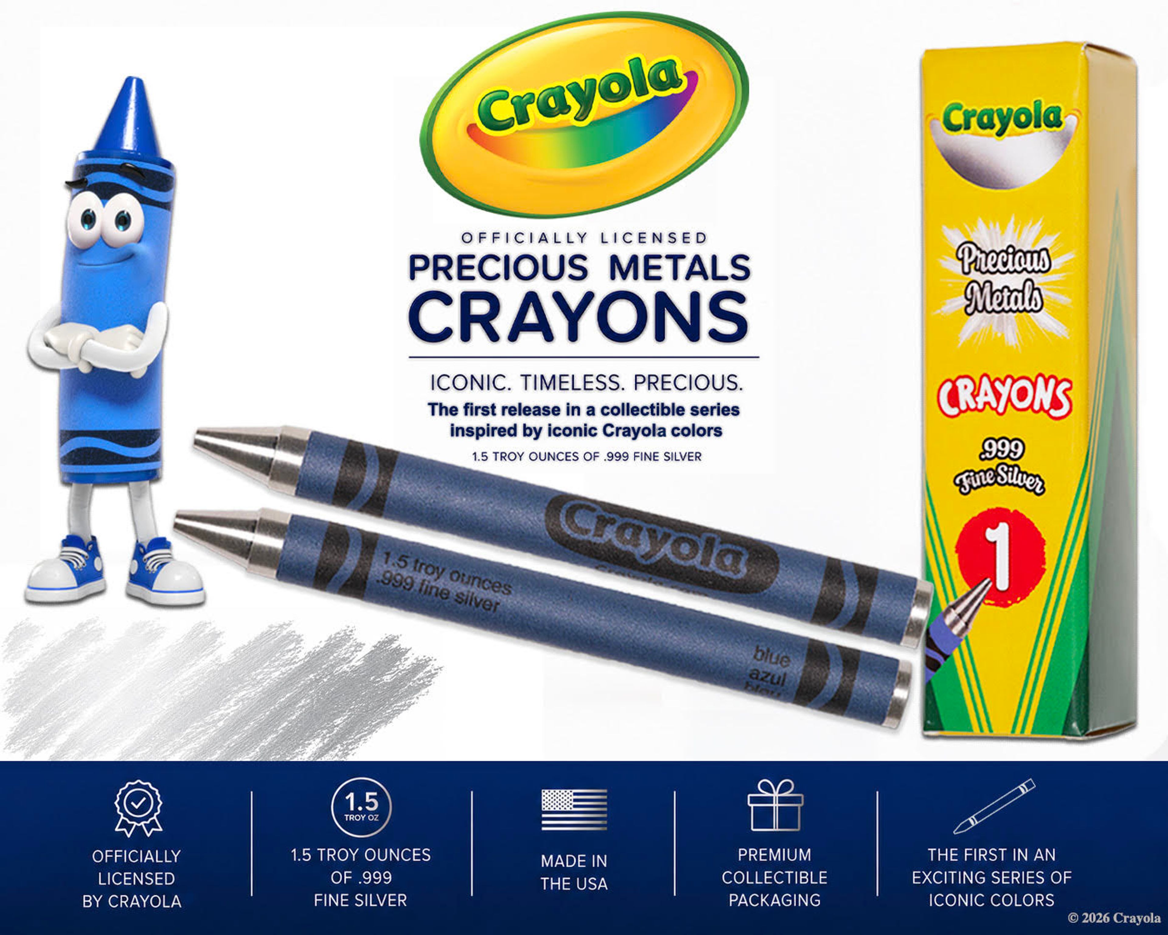 Officially licensed Crayola Precious Metals crayons — two blue crayons in 1.5 troy ounces of .999 fine silver, shown with their collectible box