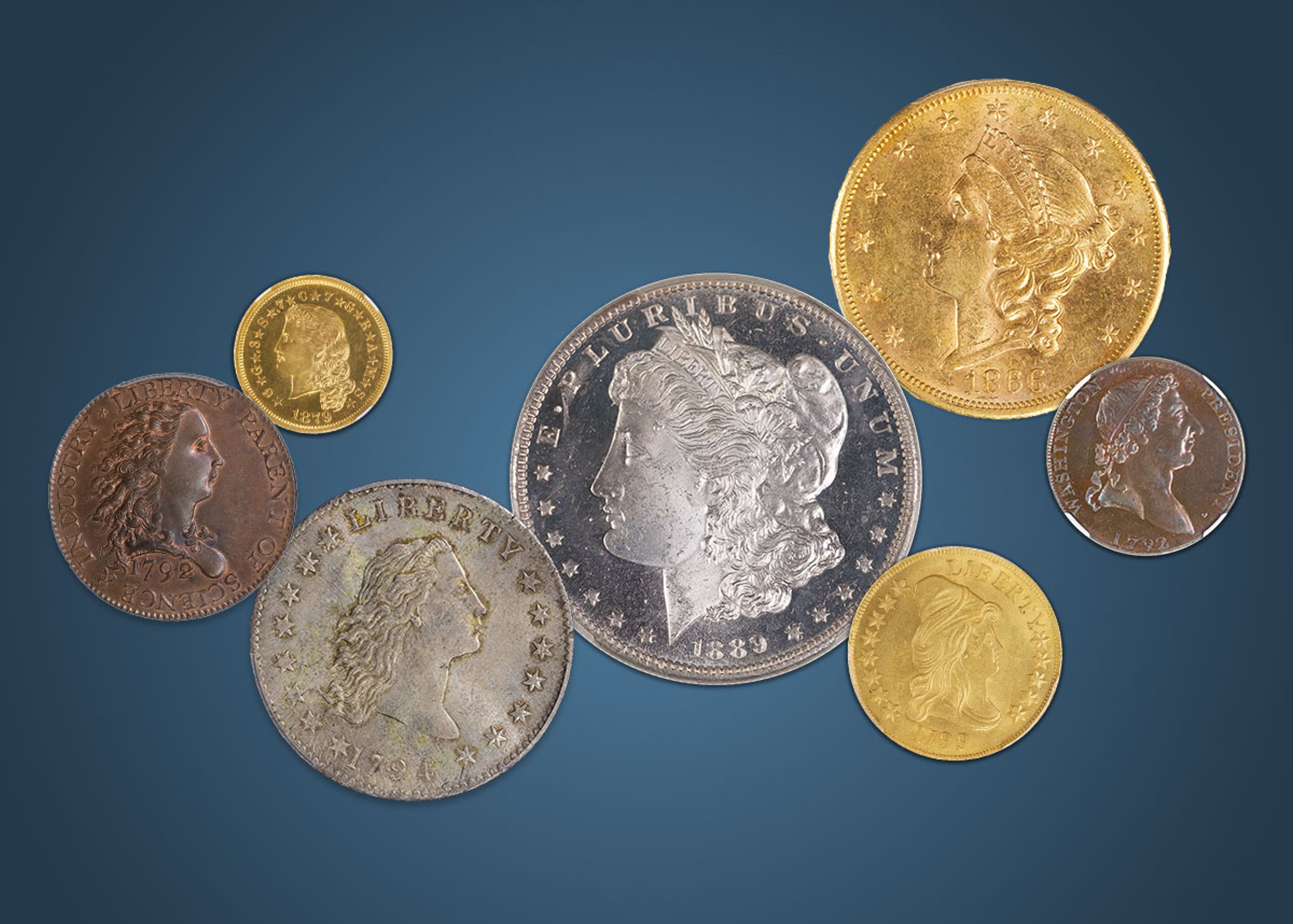 Historic US rare coins including 1889 Morgan dollar and 1866 Liberty Head gold double eagle