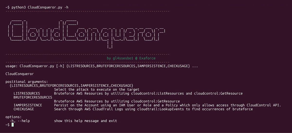 利用可能な攻撃モジュールを含むCloudConquerorのヘルプ出力を表示したターミナル