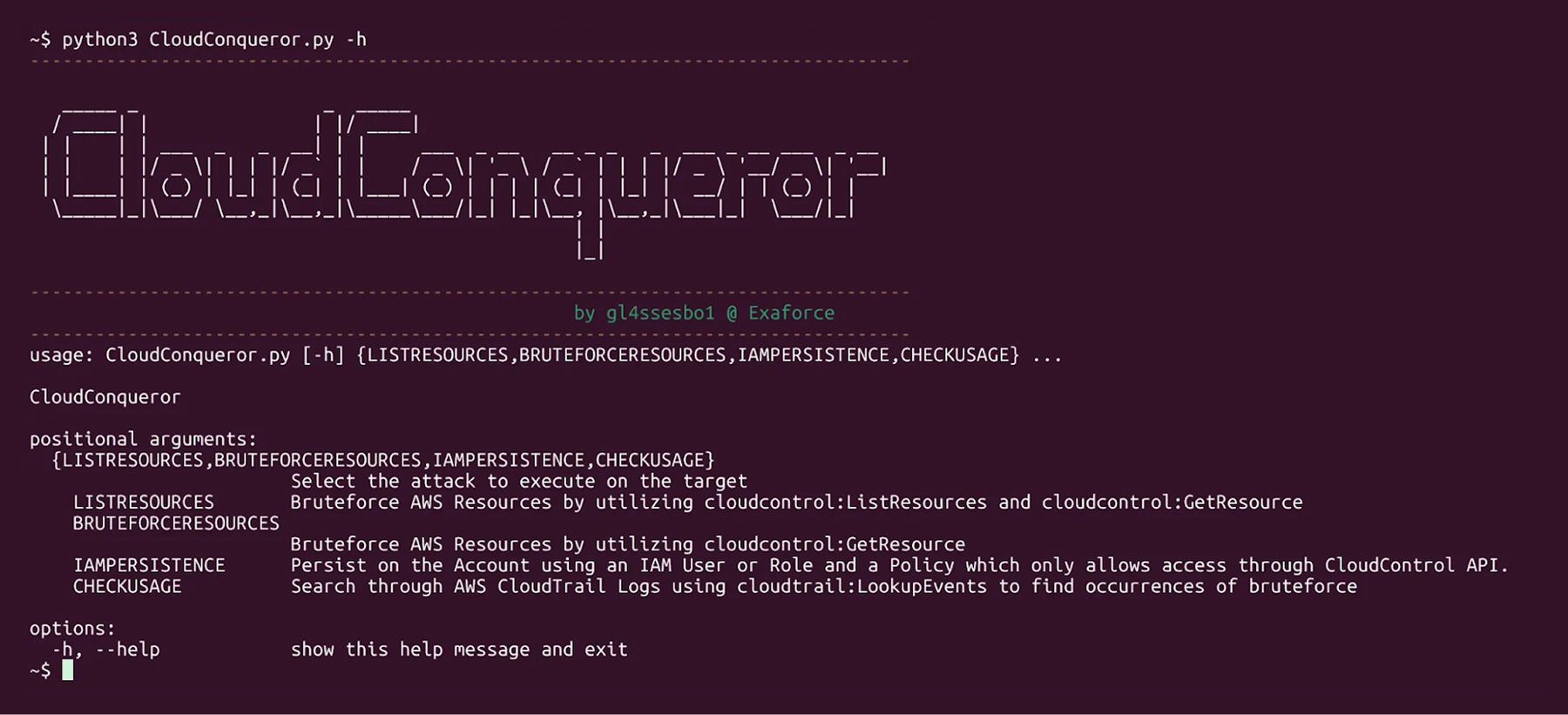 利用可能な攻撃モジュールを含むCloudConquerorのヘルプ出力を表示したターミナル