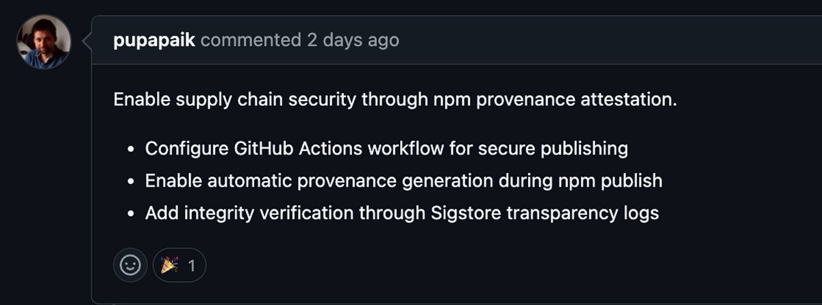 Screenshot of a GitHub comment by a user suggesting npm provenance attestation with GitHub Actions and Sigstore for supply chain security