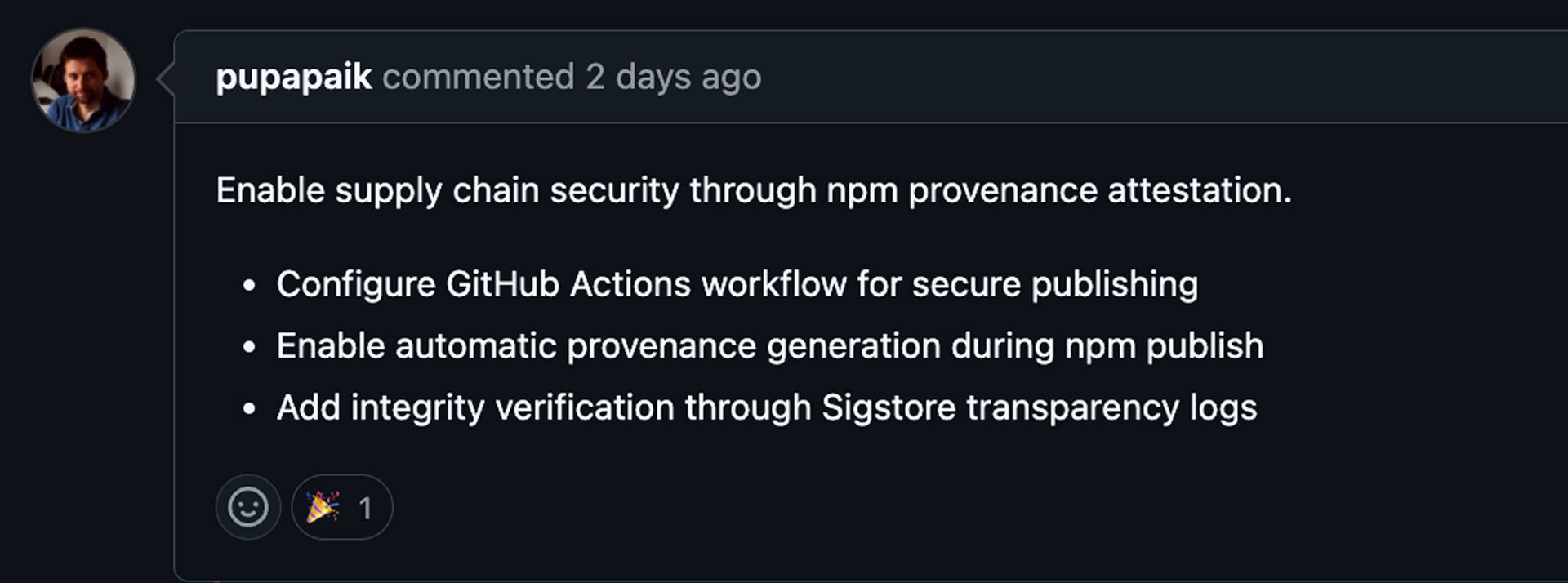 Screenshot of a GitHub comment by a user suggesting npm provenance attestation with GitHub Actions and Sigstore for supply chain security