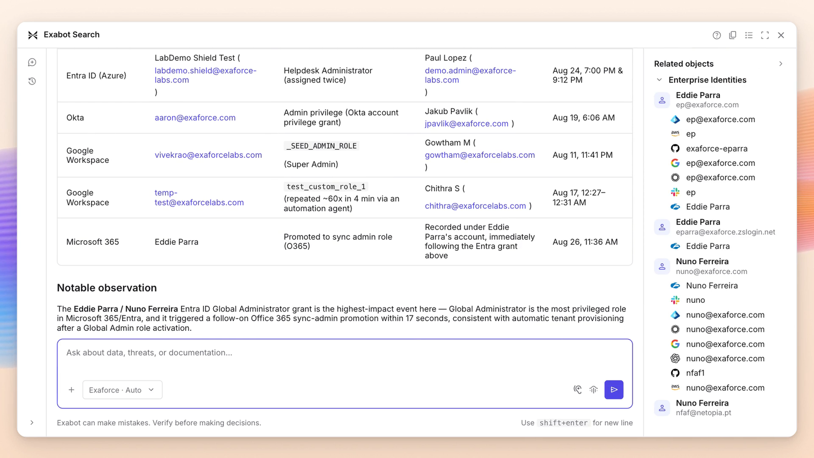 Exabot Search comparing admin privilege grants across Entra ID, Okta, Google Workspace and Microsoft 365, with a notable observation drawn out underneath and related identities listed beside it.