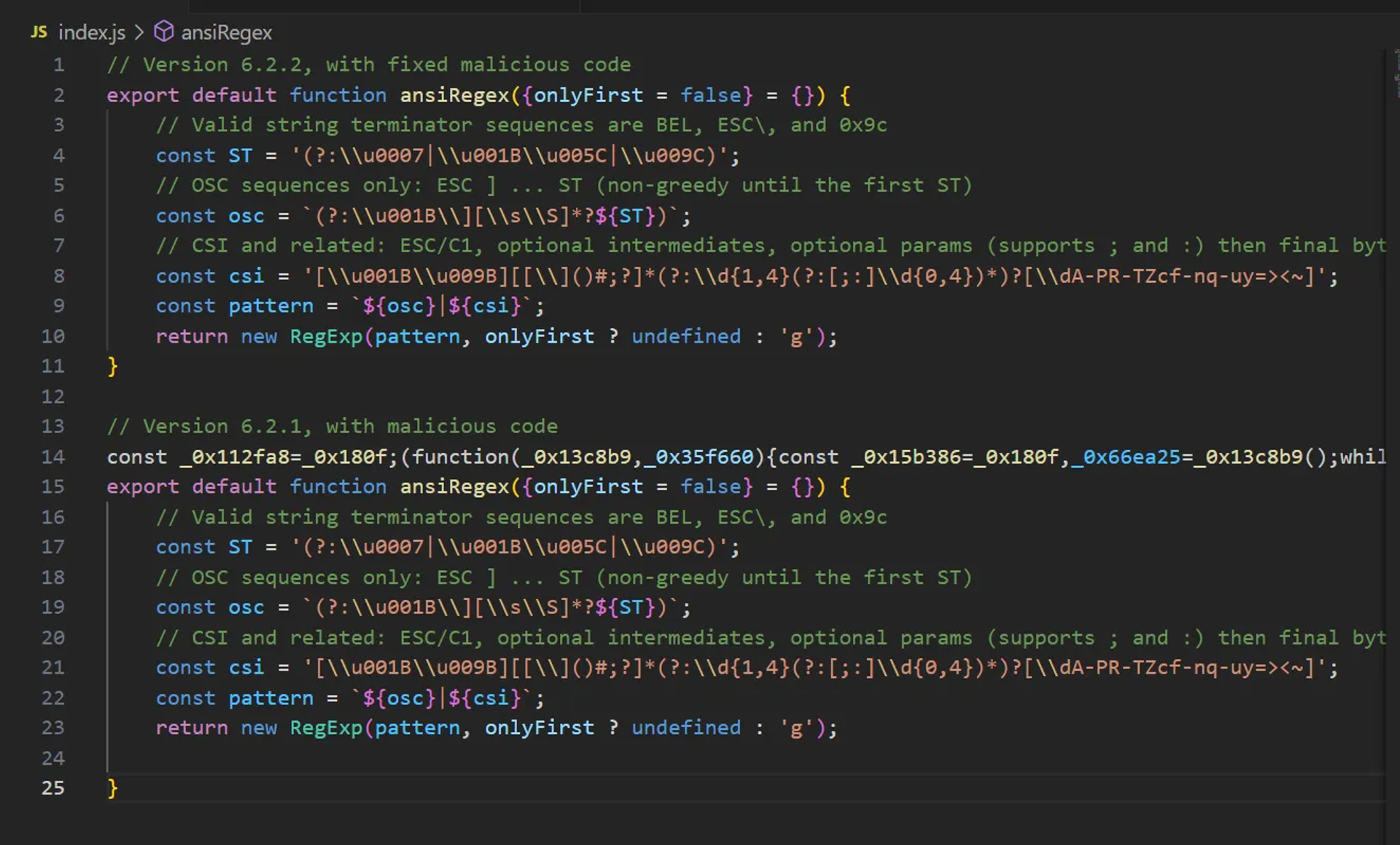 バージョン 6.2.1（侵害済み）と 6.2.2（修正済み）のコードブロック