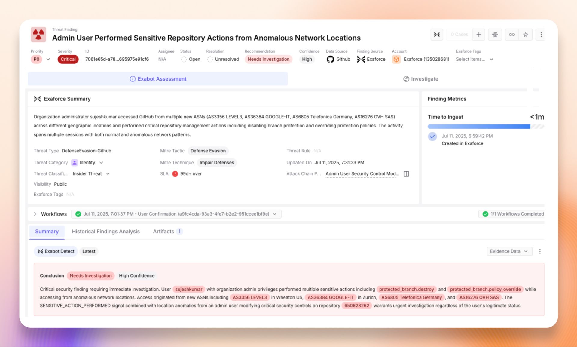 A critical-priority finding in Exaforce titled “Admin User Performed Sensitive Repository Actions from Anomalous Network Locations”, with the Exabot summary listing the unfamiliar ASNs and the protected-branch changes made.