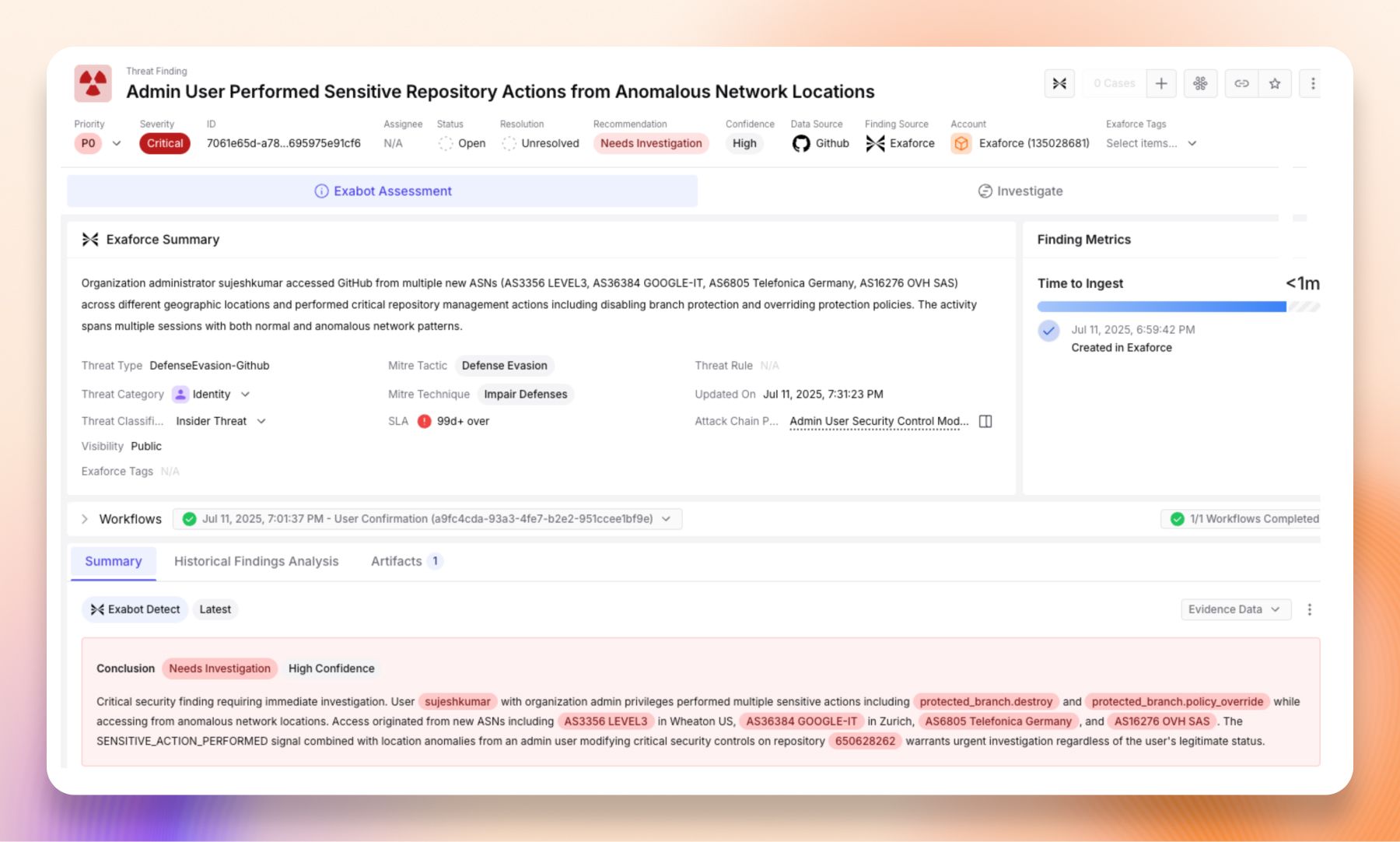 A critical-priority finding in Exaforce titled “Admin User Performed Sensitive Repository Actions from Anomalous Network Locations”, with the Exabot summary listing the unfamiliar ASNs and the protected-branch changes made.