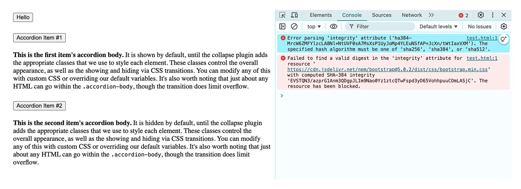 アコーディオンUIのウェブページと、SRIハッシュが不正なためCDNからのBootstrap CSSがブロックされたことを示すブラウザーコンソールのエラーのスクリーンショット