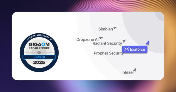 GigaOm Radar Report Leader 2025 badge beside a radar chart comparing Exaforce with five other SecOps automation vendors