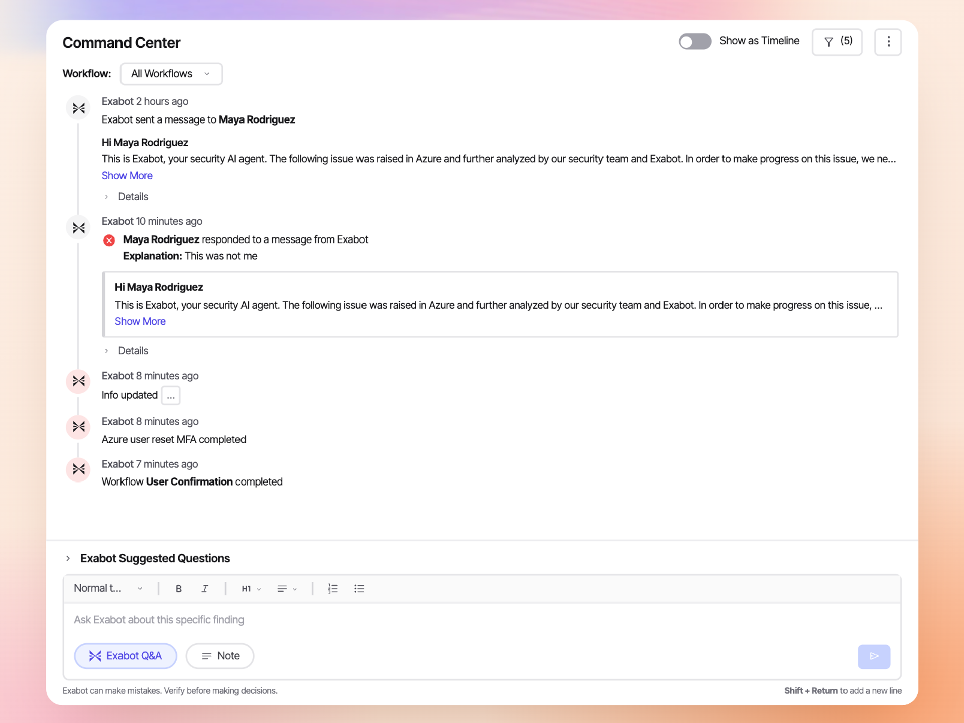 Command Center: Exabot asks the user to confirm suspicious activity, the user says it was not them, and Exabot resets their Azure MFA