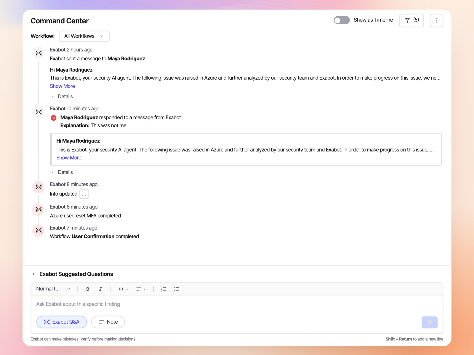 Command Center: Exabot asks the user to confirm suspicious activity, the user says it was not them, and Exabot resets their Azure MFA