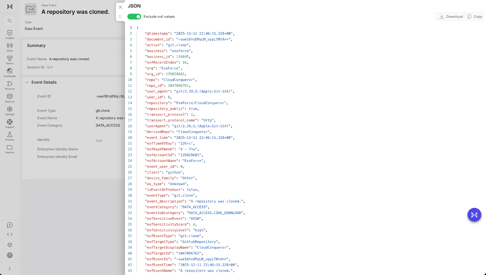 Example GitHub log showing a repository being cloned