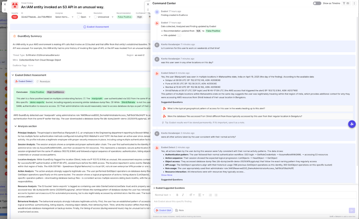 Exaforce investigation view showing S3 API anomaly reclassified as false positive, with analyst chat and automated context from Exabot
