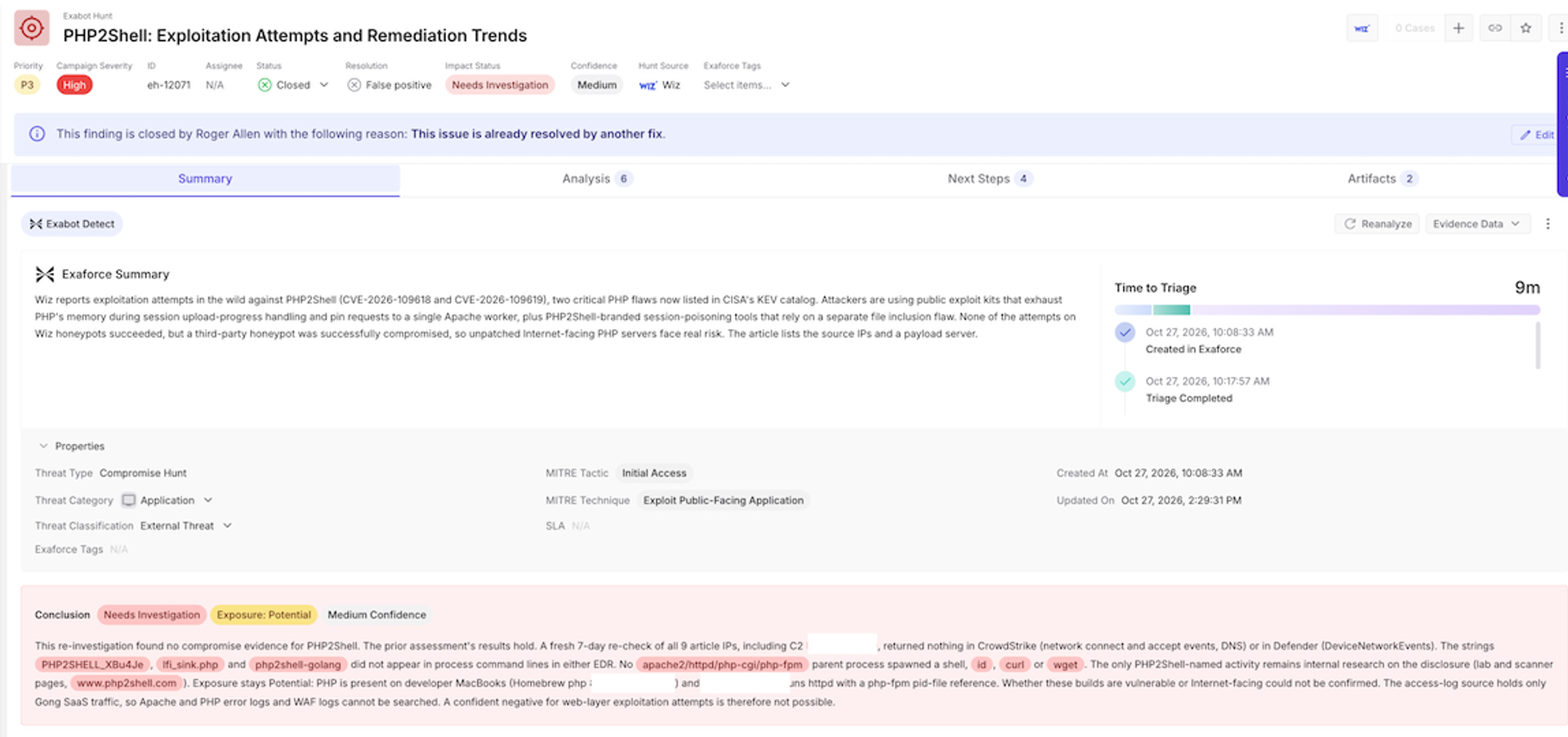 PHP2Shell hunt finding in Exaforce Threat Center, with its assessment and evidence.