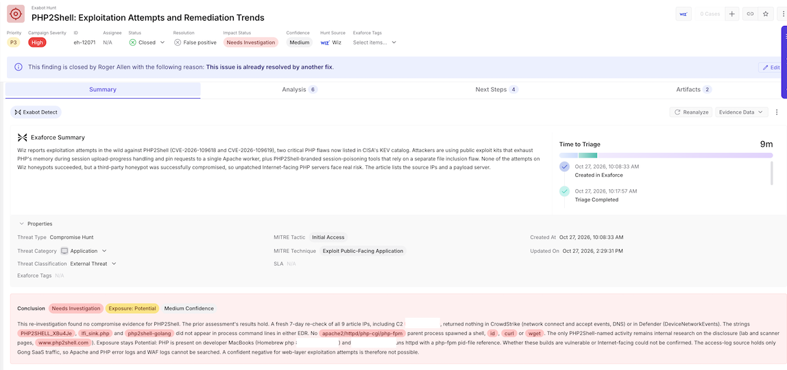 Exaforce Threat CenterのPHP2Shellハンティング検出結果と、評価および証拠。