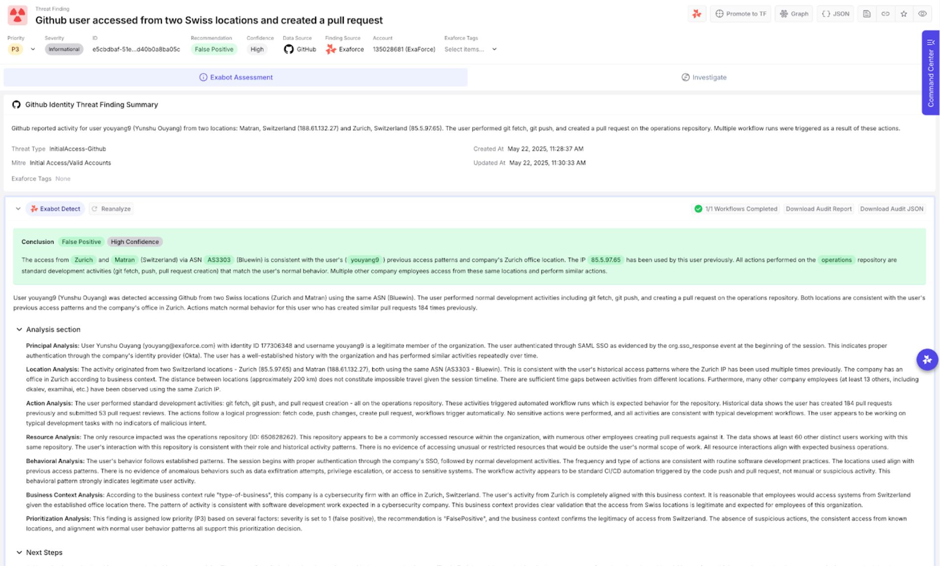 Exaforce threat finding showing GitHub user access from two Swiss locations determined to be a false positive with high confidence