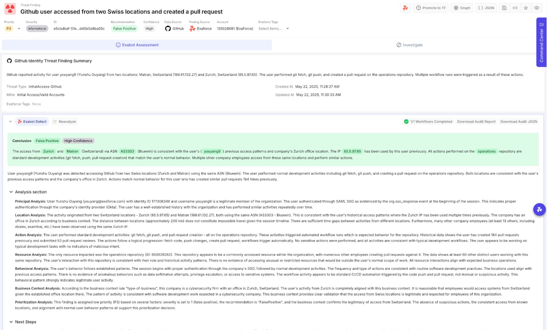 Exaforce threat finding showing GitHub user access from two Swiss locations determined to be a false positive with high confidence