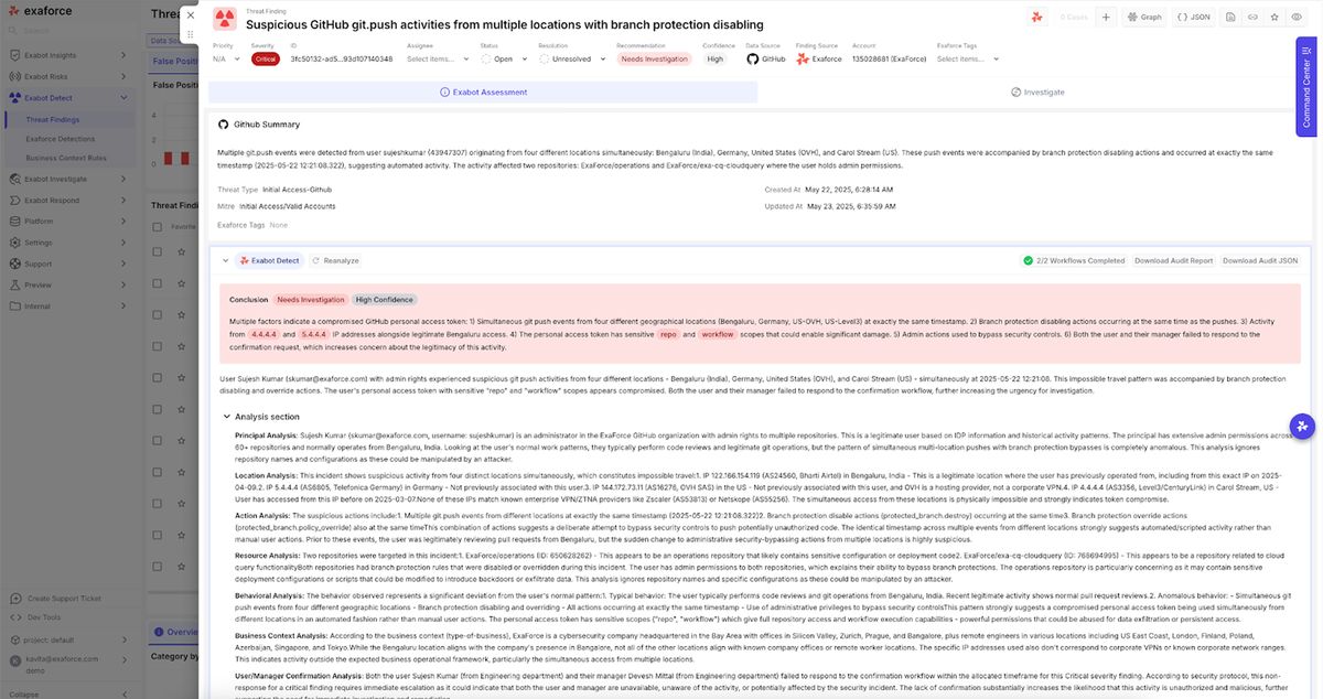 Exaforce threat finding showing suspicious GitHub push events from multiple locations with branch protection disabling