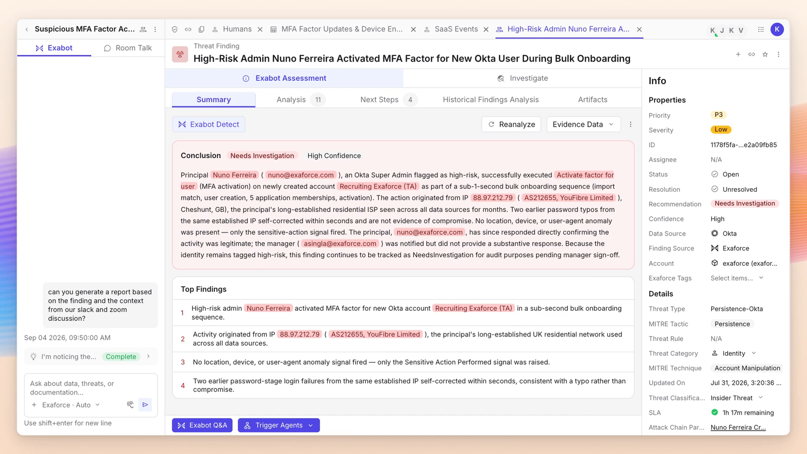 A high-risk MFA threat finding open in Exaforce, with the Exabot assessment, its conclusion and the top supporting findings listed alongside the finding properties.