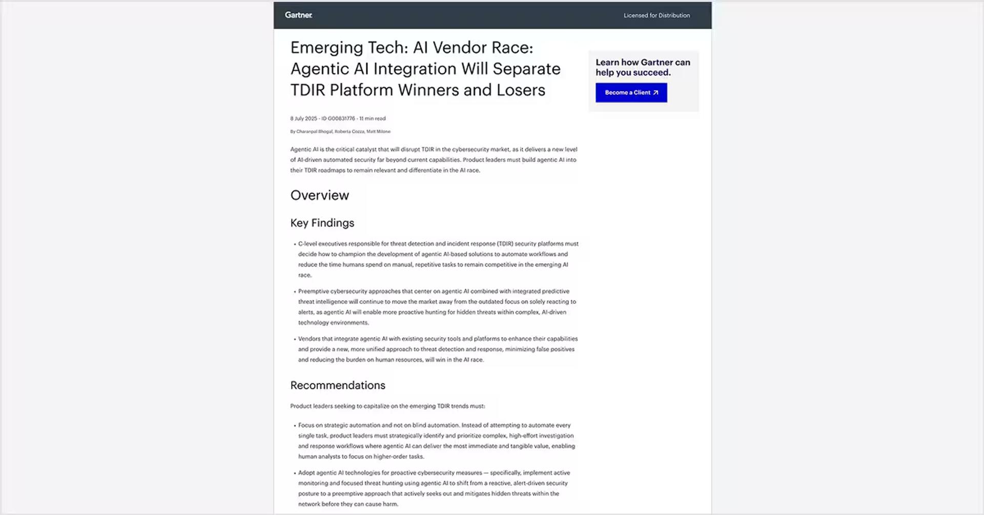 First page of the Gartner report "Emerging Tech: AI Vendor Race"
