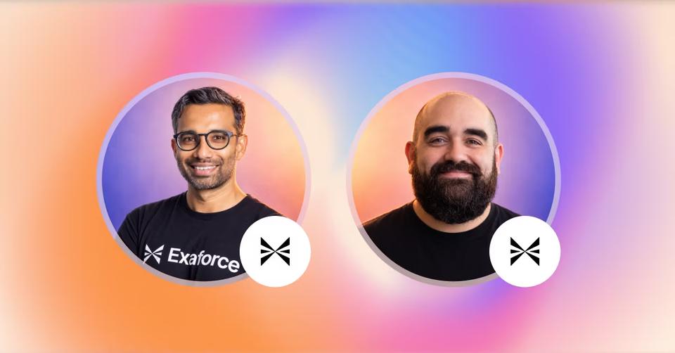 Sketch portraits of the two webinar speakers, with the Exaforce logo