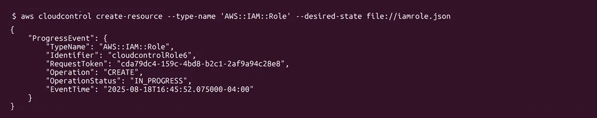 cloudcontrol create-resourceコマンドの実行中を示すAWS CLIの出力