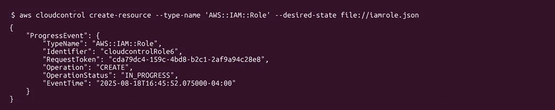 cloudcontrol create-resourceコマンドの実行中を示すAWS CLIの出力