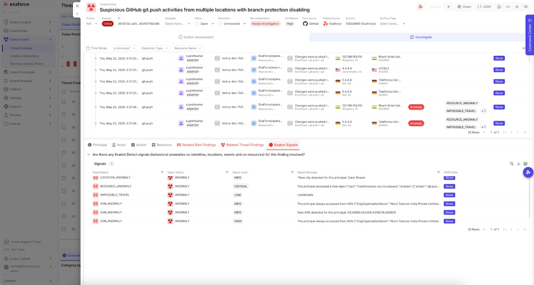 Exaforce threat finding showing suspicious GitHub push activity from multiple locations with anomalies and impossible travel