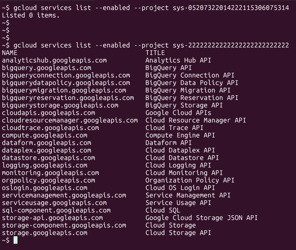 2つの異なるプロジェクトで有効化されているGoogle Cloudサービス一覧の比較