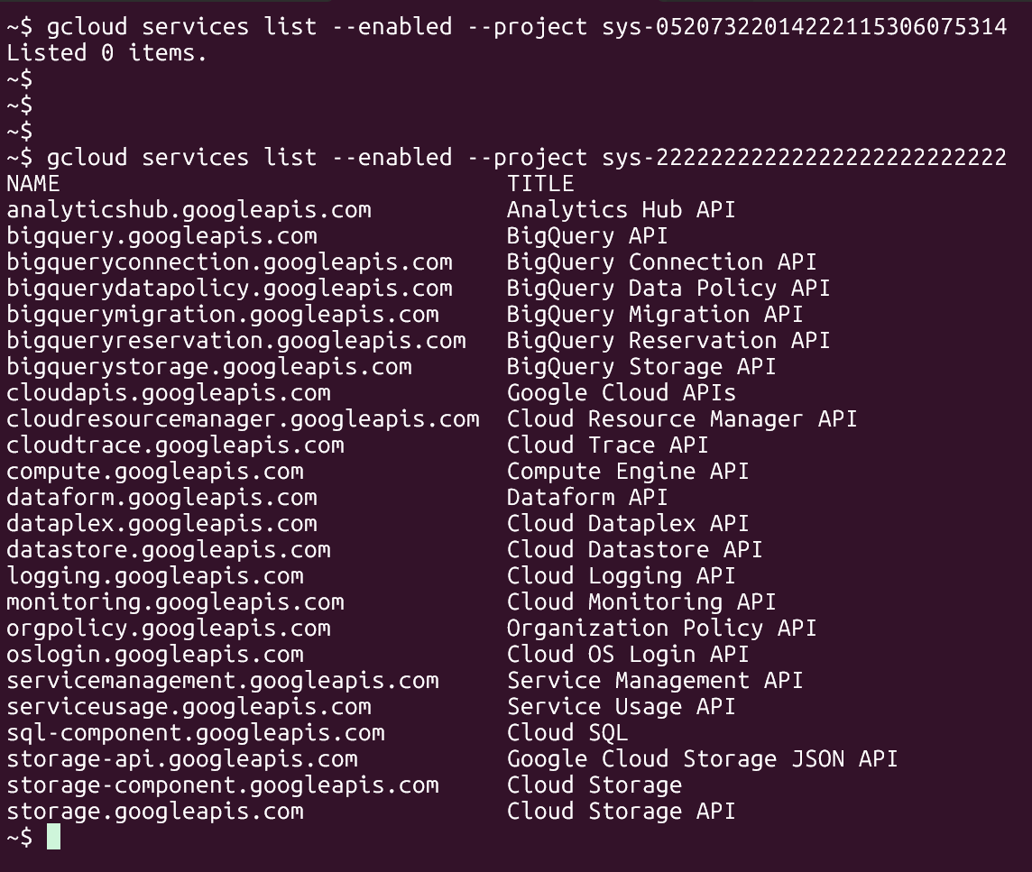 2つの異なるプロジェクトで有効化されているGoogle Cloudサービス一覧の比較
